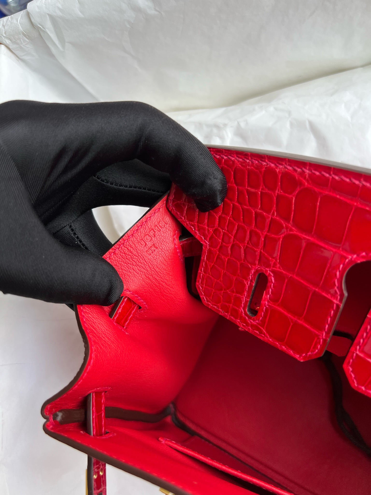 에르메스 버킨백25 플래그레드 금장 악어가죽 핸들